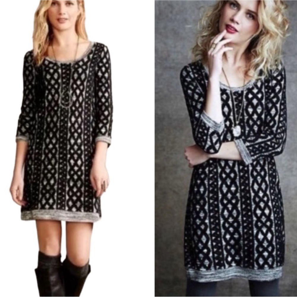 Anthropologie Moth Shaker Stitch Gray & Black Sweater Tunic Dress